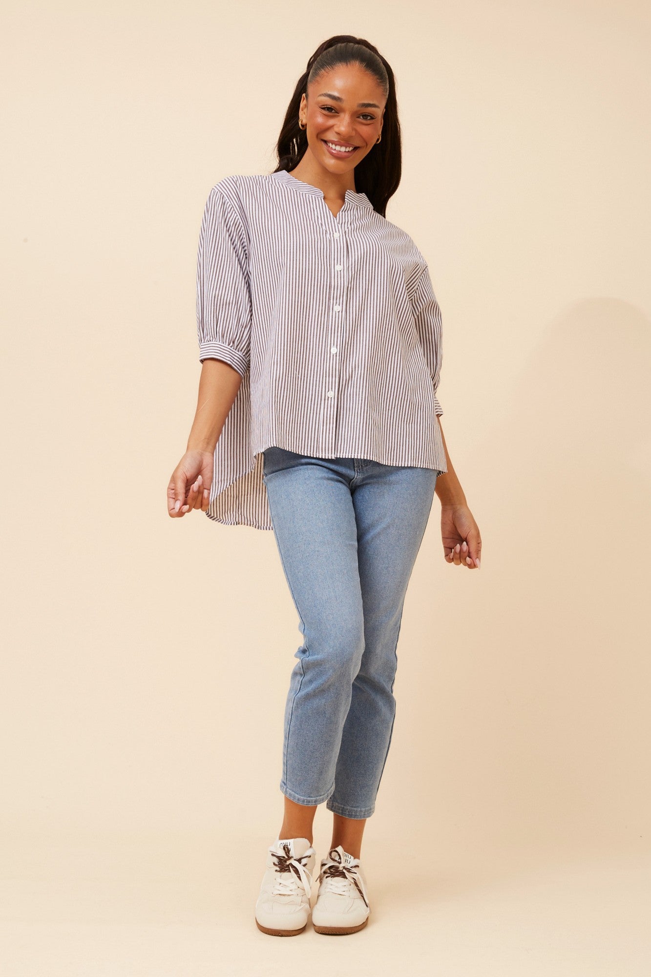BELINA STRIPE PRINT SHIRT (Chocolate)