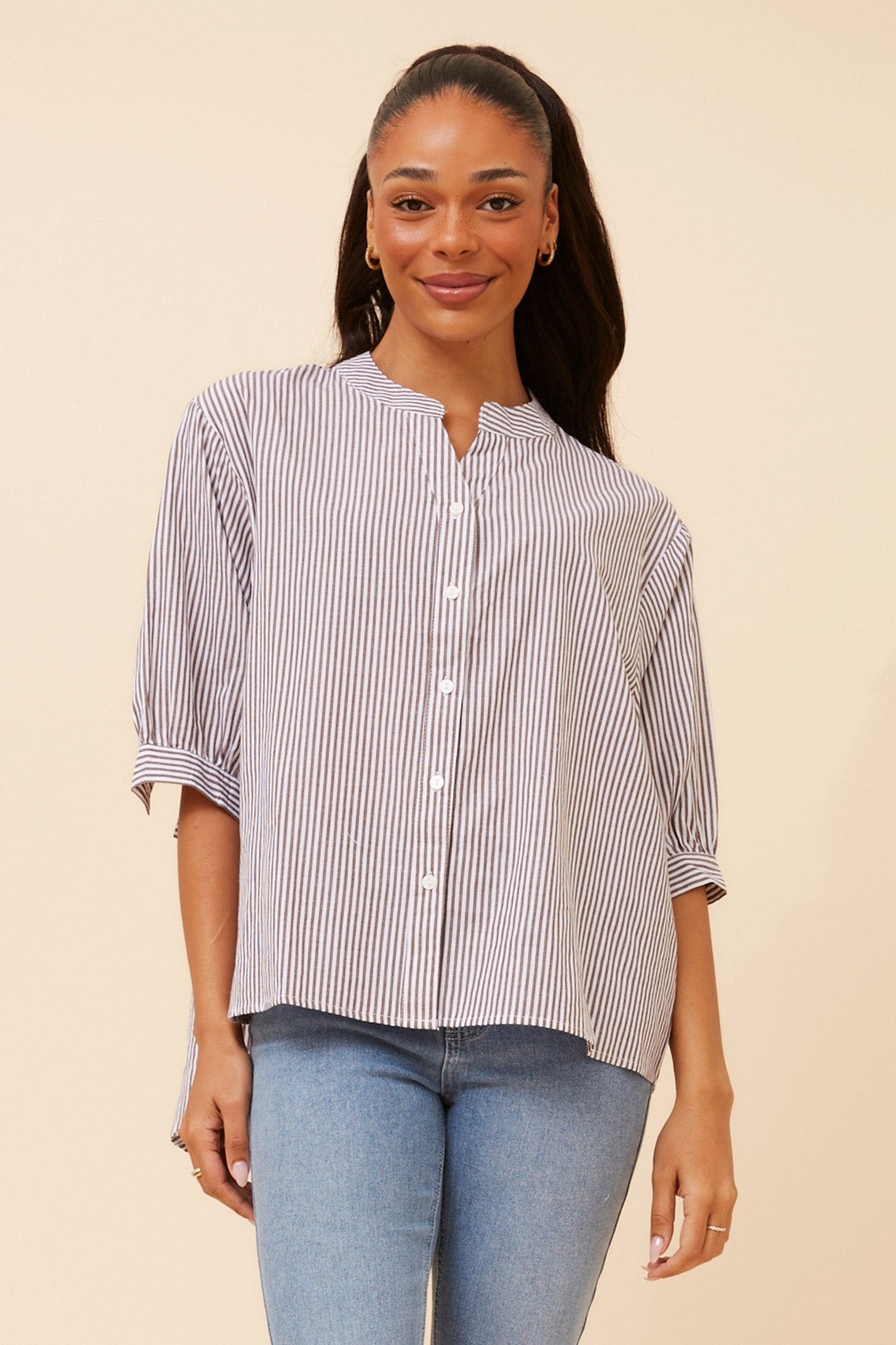 BELINA STRIPE PRINT SHIRT (Chocolate)