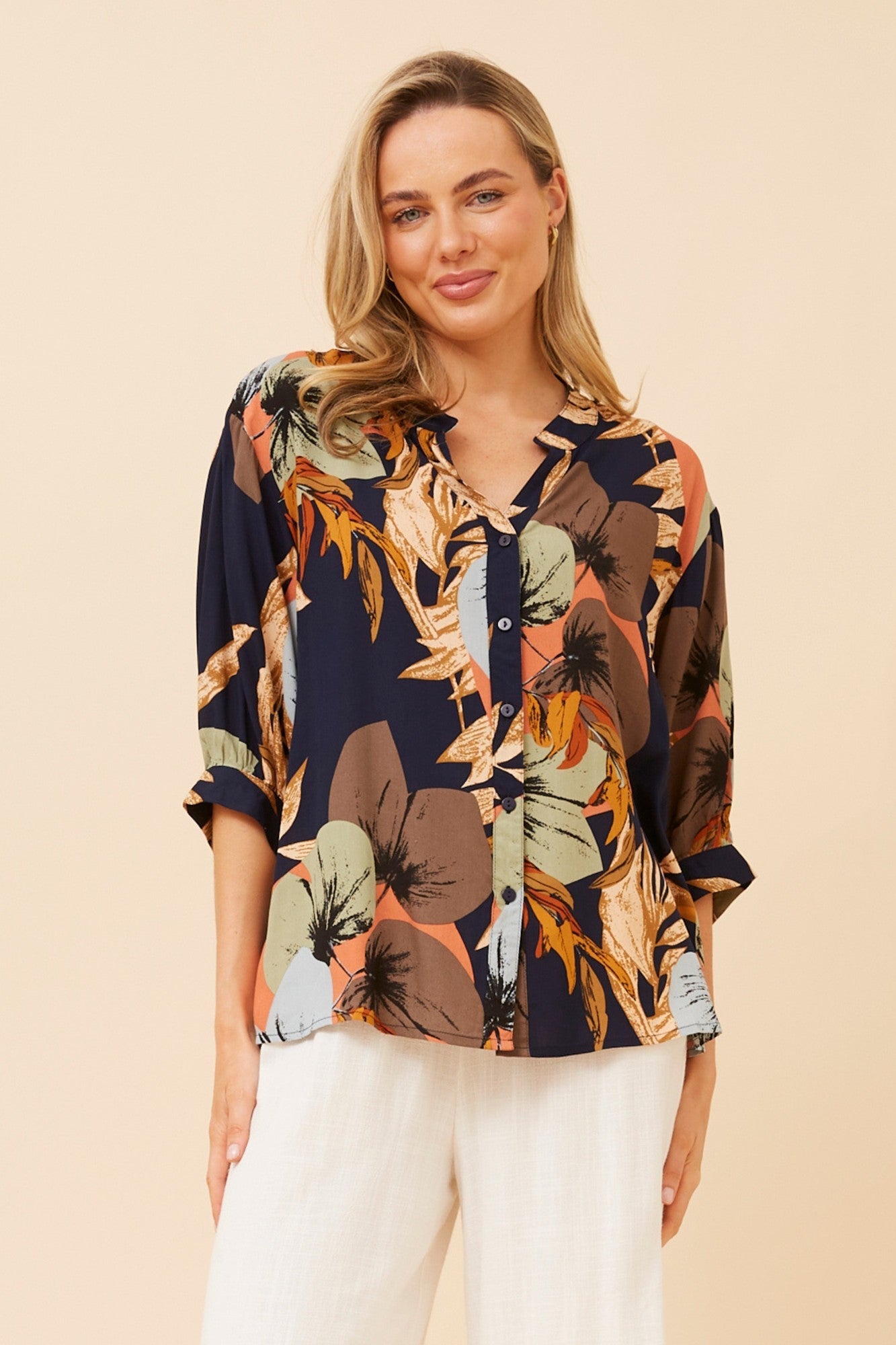 Image of Shirts. Product name - BELINA FLORAL SHIRT in Navy colour by brand - Caroline Morgan Australia