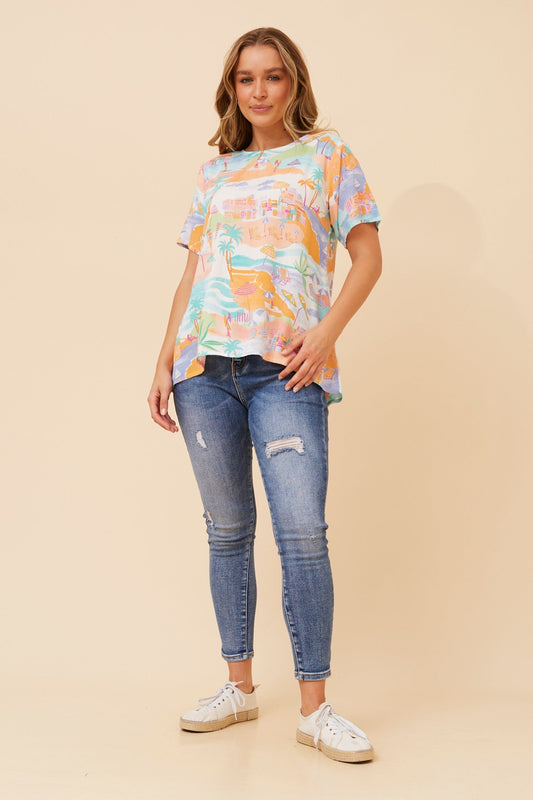 Image of a model wearing Tops. Product name - MALISSA WANDERLUST PRINT TOP in Multi White colour by brand - MYSTIC MONSOON