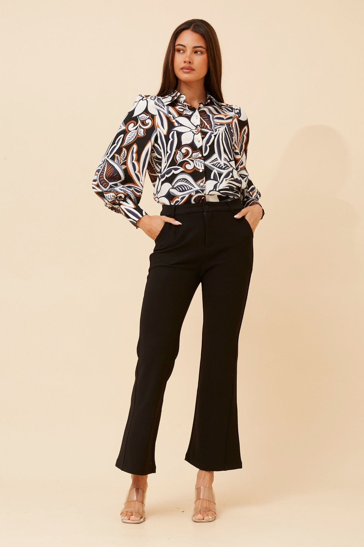 Image of Shirts. Product name - TONETTE FLORAL PRINT SHIRT in Navy colour by brand - Caroline Morgan Australia