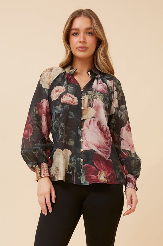 Image of Blouses. Product name - SHANICE FLORAL BLOUSE in Multi Black colour by brand - Caroline Morgan Australia