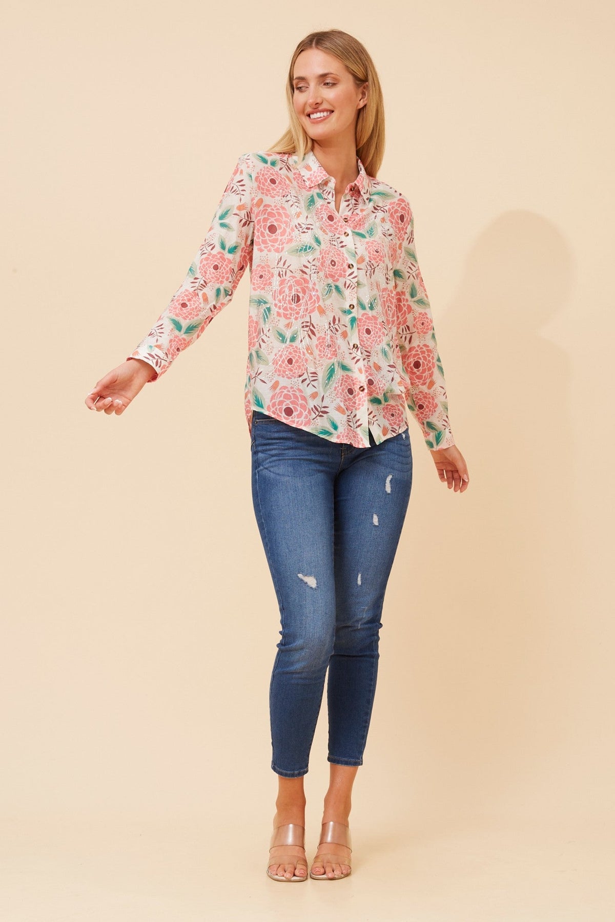 Image of Shirts. Product name - EUNICE FLORAL PRINT SHIRT in Pink colour by brand - Caroline Morgan Australia