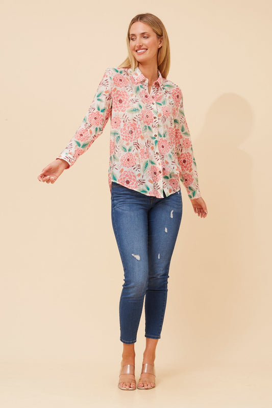 Image of Shirts. Product name - EUNICE FLORAL PRINT SHIRT in Pink colour by brand - Caroline Morgan Australia