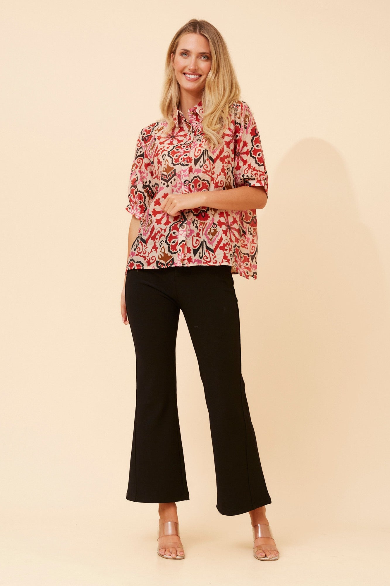 Image of Blouses. Product name - LILIAS ABSTRACT PRINT BLOUSE in Multi Red colour by brand - Caroline Morgan Australia