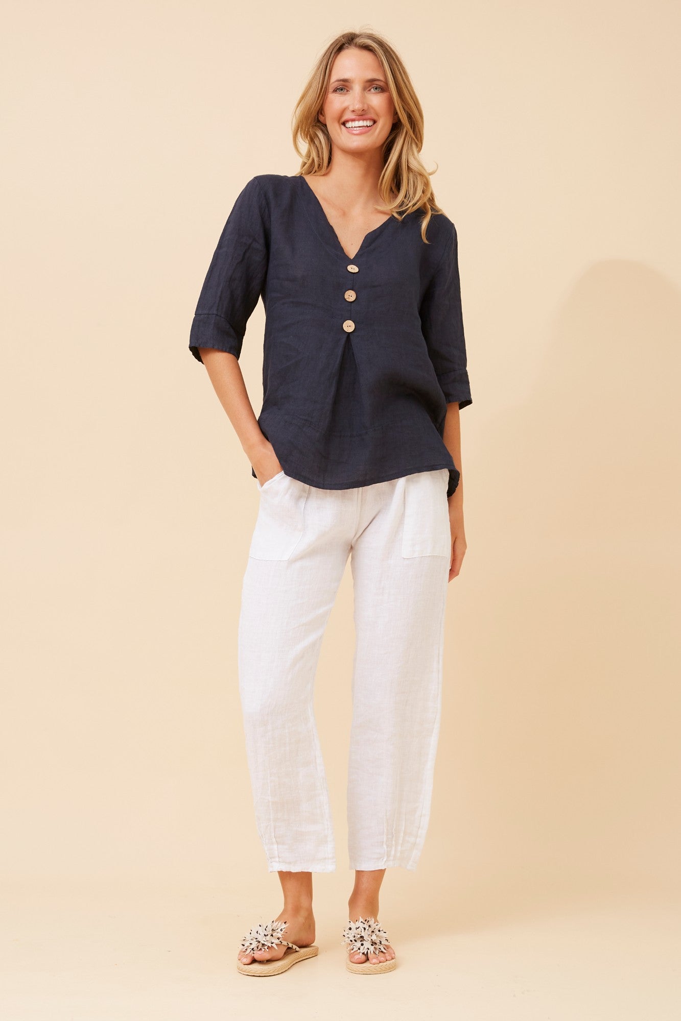 ETNA SOLID LINEN TOP (Navy)