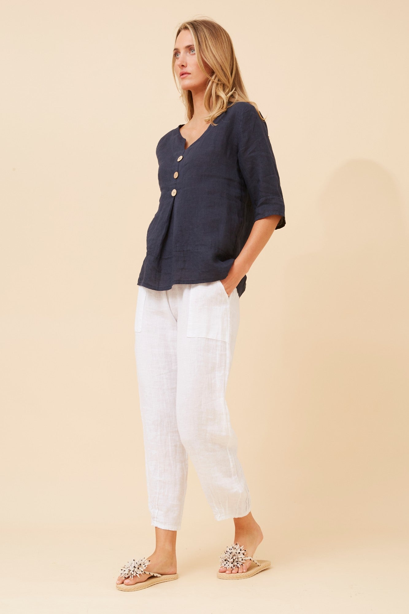 ETNA SOLID LINEN TOP (Navy)