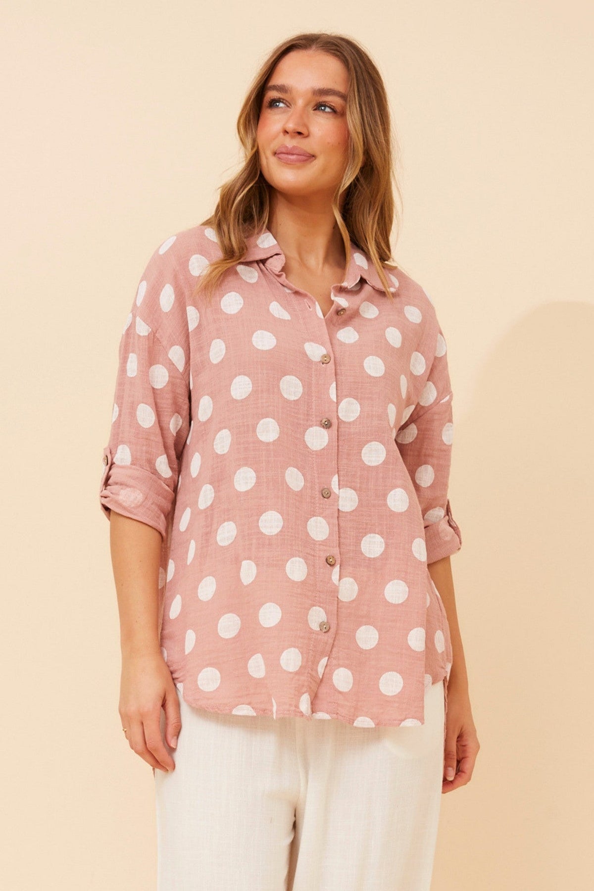 BOTTEGA MODA RELLA POLKA DOT PRINT SHIRT (Blush)