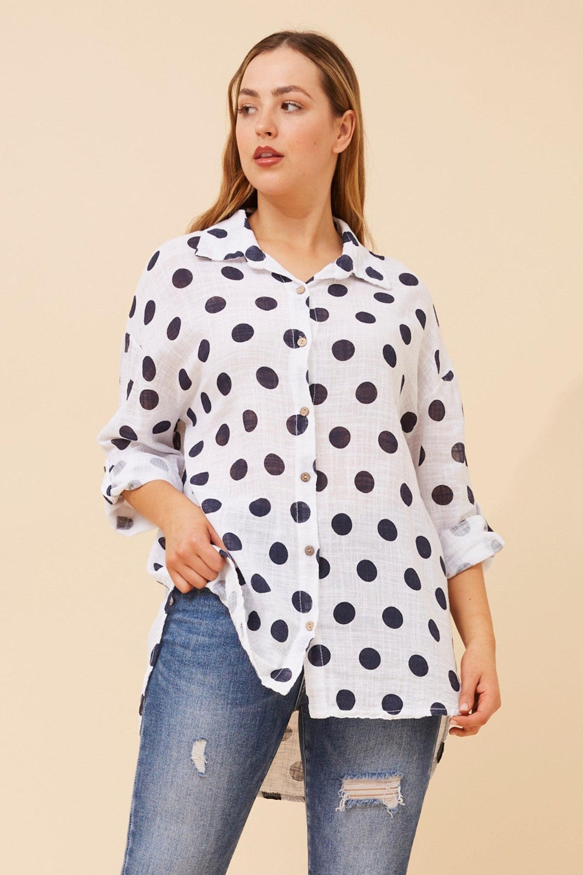 BOTTEGA MODA RELLA POLKA DOT PRINT SHIRT (White)