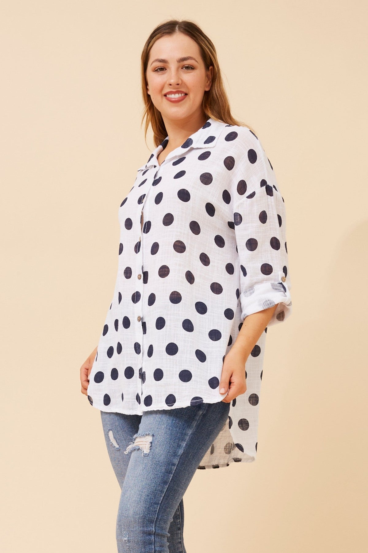 BOTTEGA MODA RELLA POLKA DOT PRINT SHIRT (White)