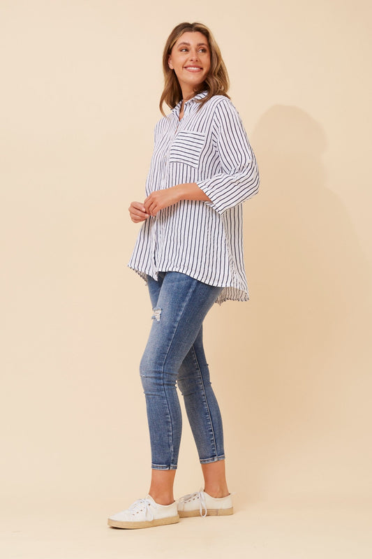 HAYA STRIPE PRINT LINEN SHIRT (White)