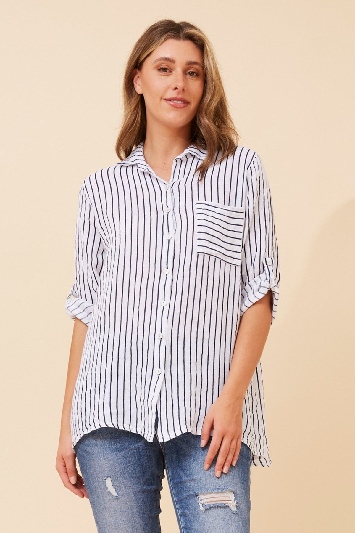 HAYA STRIPE PRINT LINEN SHIRT (White)