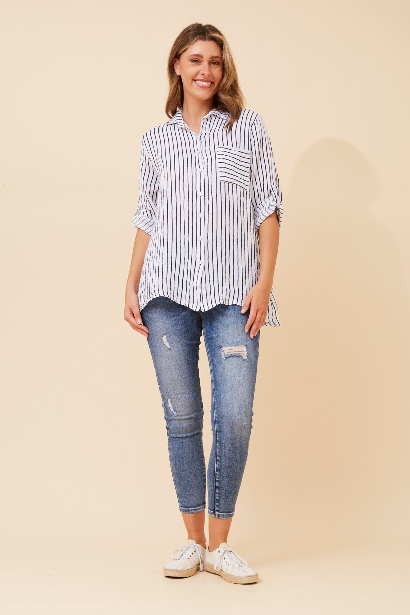 HAYA STRIPE PRINT LINEN SHIRT (White)