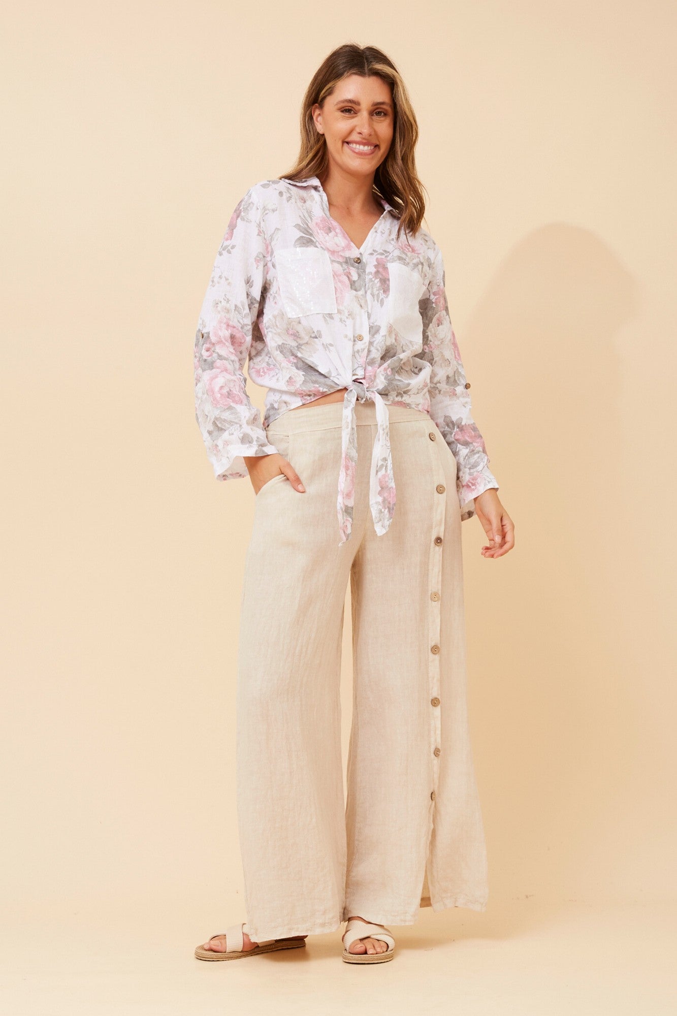 Image of Shirts. Product name - JUNI FLORAL LINEN SHIRT in White colour by brand - BOTTEGA MODA