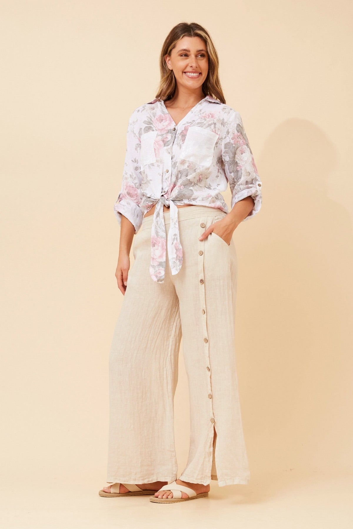 JUNI FLORAL LINEN SHIRT (White)