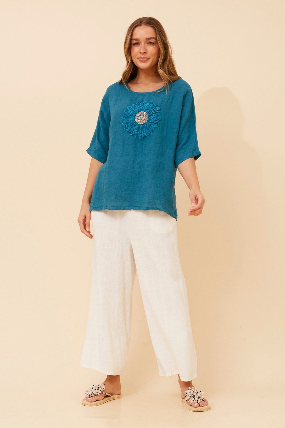 Image of a model wearing Tops. Product name - CARENA FLORAL LINEN TOP in Tiffany Blue colour by brand - BOTTEGA MODA