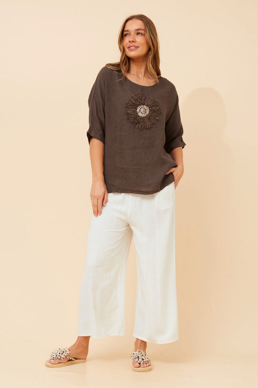 Image of a model wearing Tops. Product name - CARENA FLORAL LINEN TOP in Bitter Chocolate colour by brand - BOTTEGA MODA