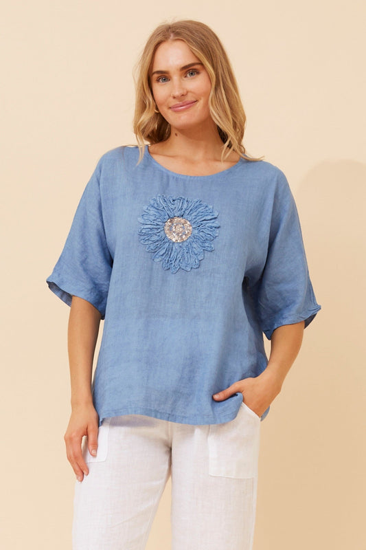 Image of a model wearing Tops. Product name - CARENA FLORAL LINEN TOP in Jeans colour by brand - BOTTEGA MODA