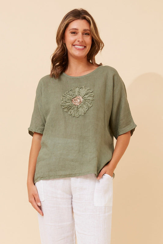 Image of a model wearing Tops. Product name - CARENA FLORAL LINEN TOP in Khaki colour by brand - BOTTEGA MODA