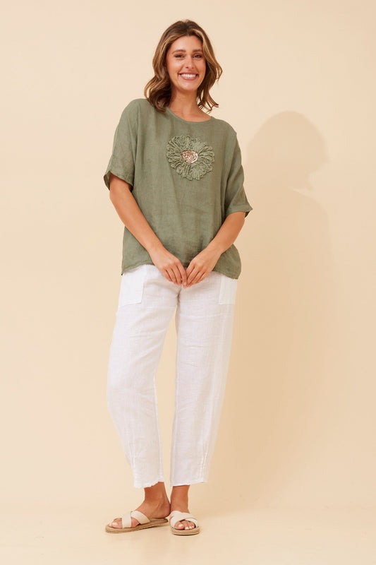 BOTTEGA MODA CARENA FLORAL LINEN TOP (Khaki)