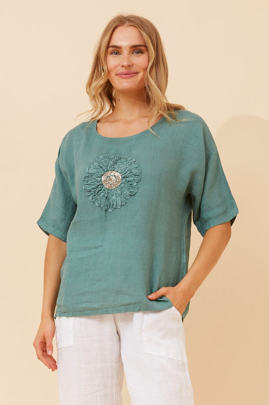Image of a model wearing Tops. Product name - CARENA FLORAL LINEN TOP in Tiffany Blue colour by brand - BOTTEGA MODA