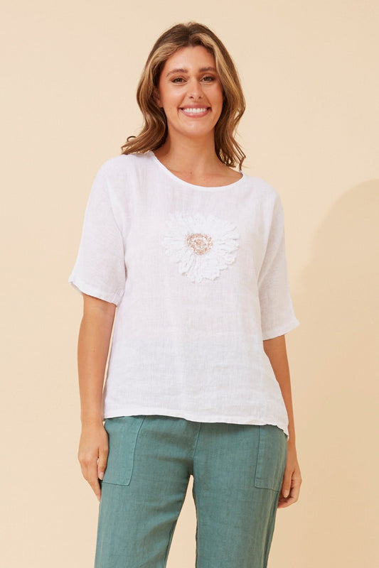 Image of a model wearing Tops. Product name - CARENA FLORAL LINEN TOP in White colour by brand - BOTTEGA MODA