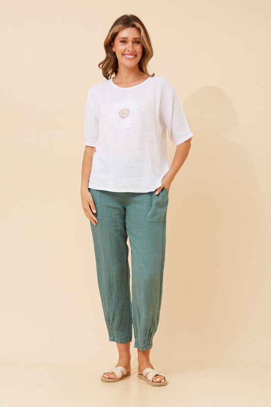 BOTTEGA MODA CARENA FLORAL LINEN TOP (White)