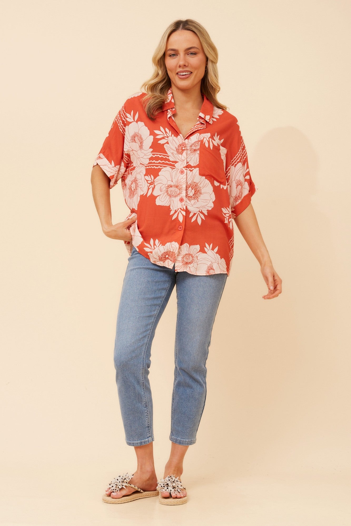 Image of Shirts. Product name - HADLEY FLORAL LINEN BLEND SHIRT in Desert Orange colour by brand - Caroline Morgan Australia