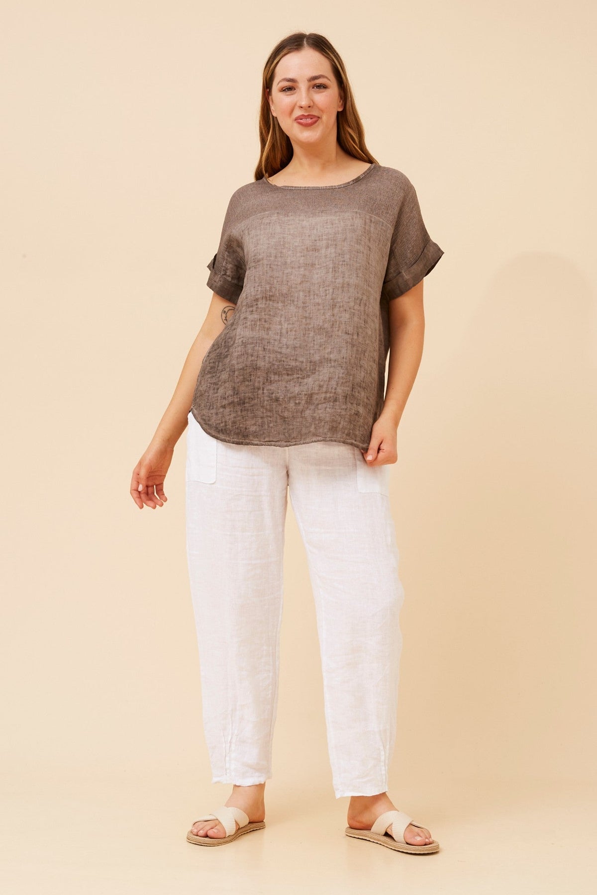 LEORA SOLID LINEN TOP (Rosewood)