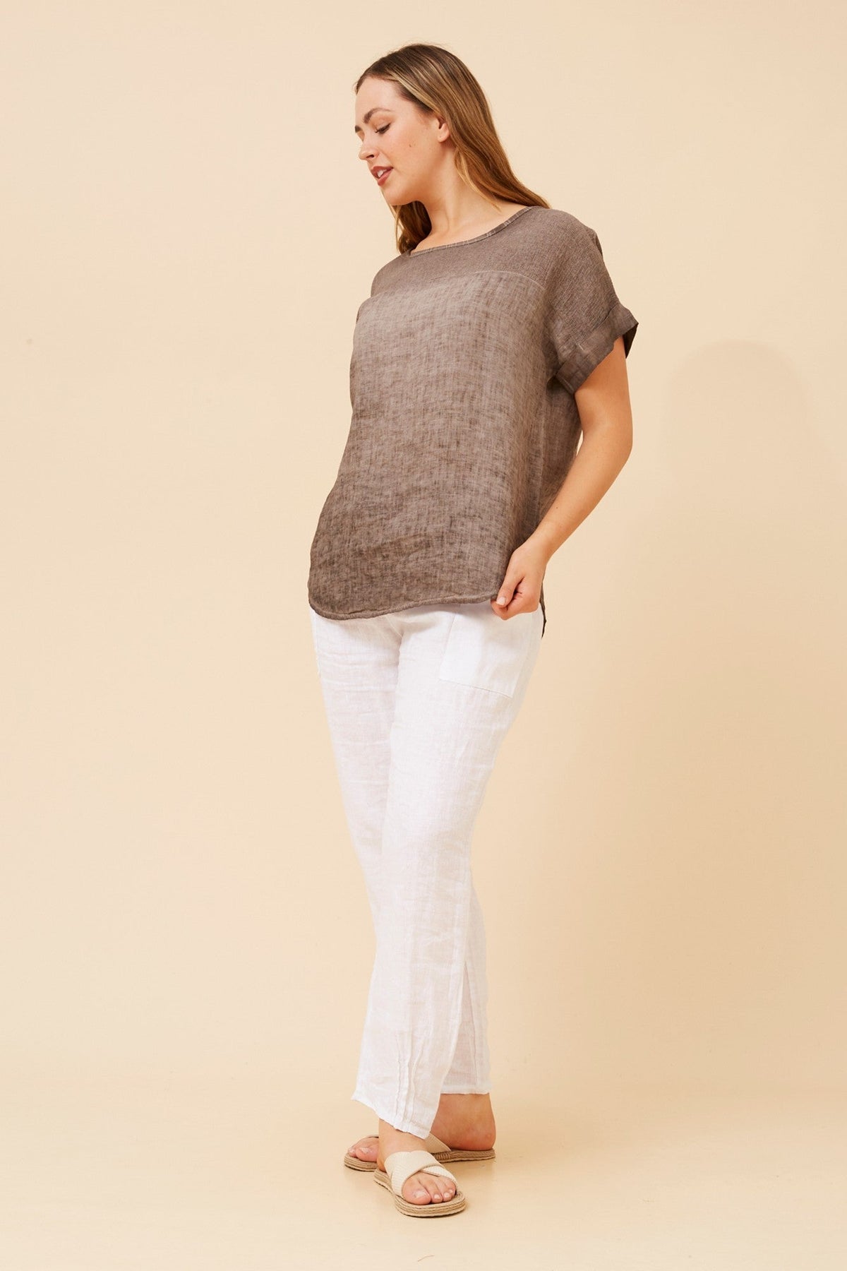 LEORA SOLID LINEN TOP (Rosewood)