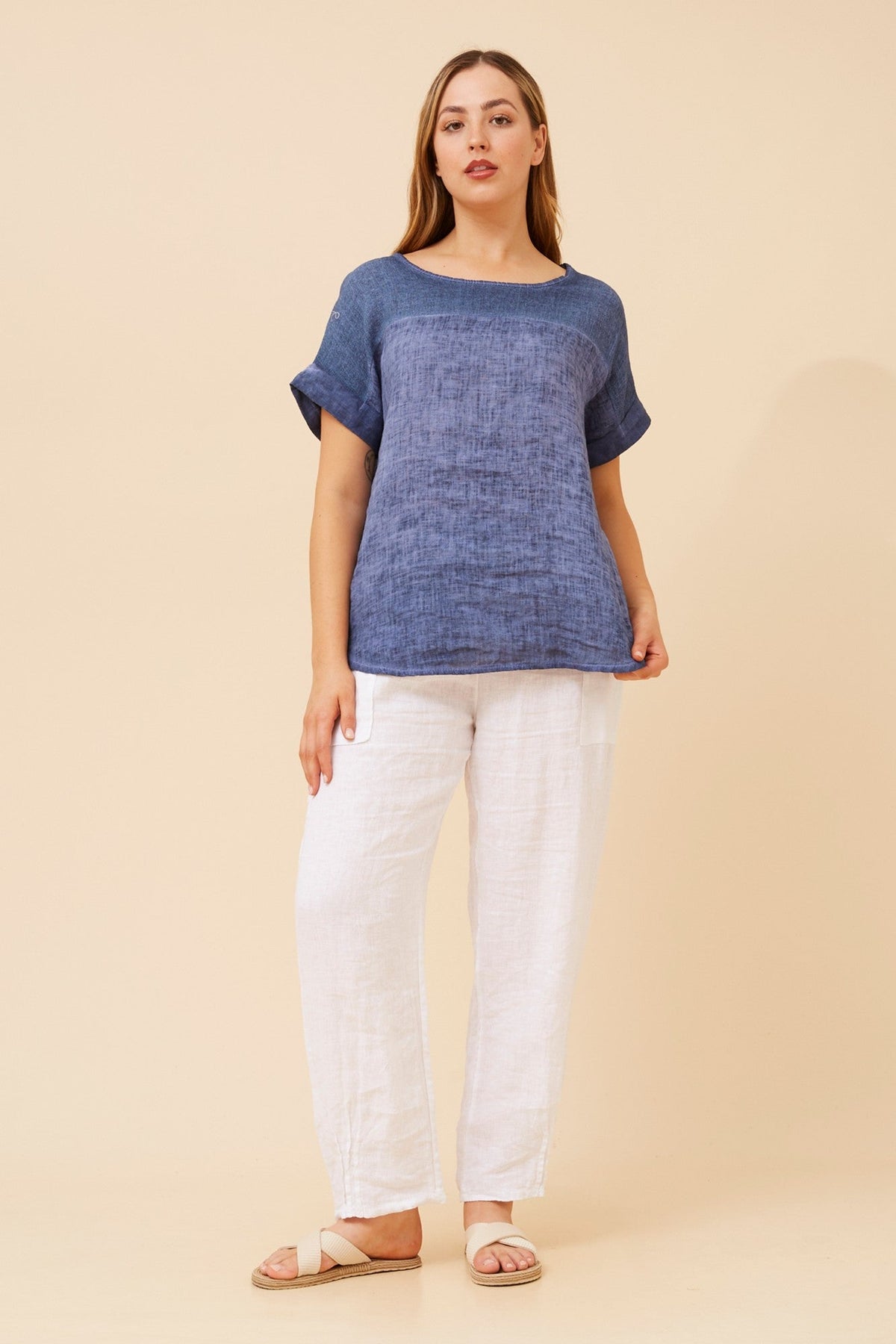 BOTTEGA MODA LEORA SOLID LINEN TOP (Navy)