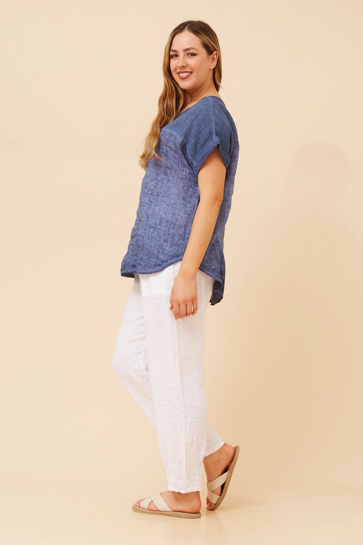 BOTTEGA MODA LEORA SOLID LINEN TOP (Navy)