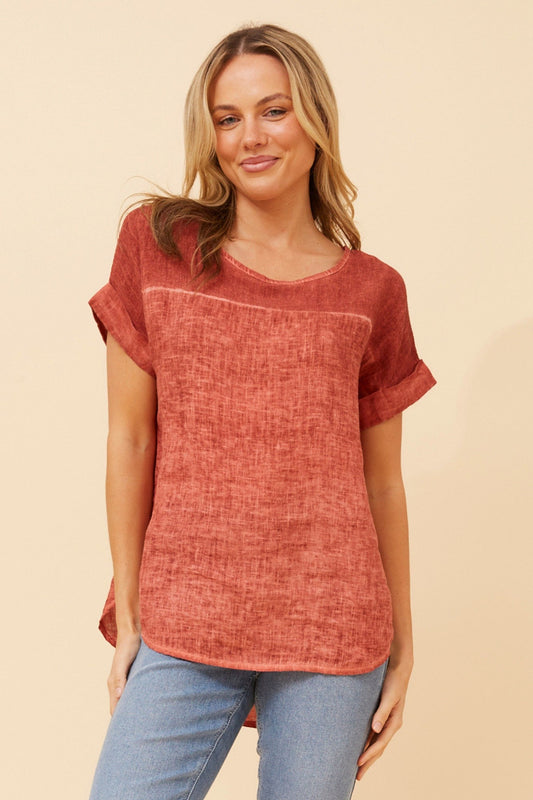 BOTTEGA MODA LEORA SOLID LINEN TOP (Rosewood)