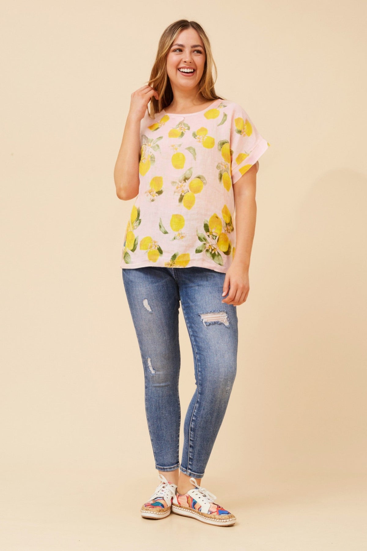 SIGRID LEMON PRINT LINEN TOP (Pink)