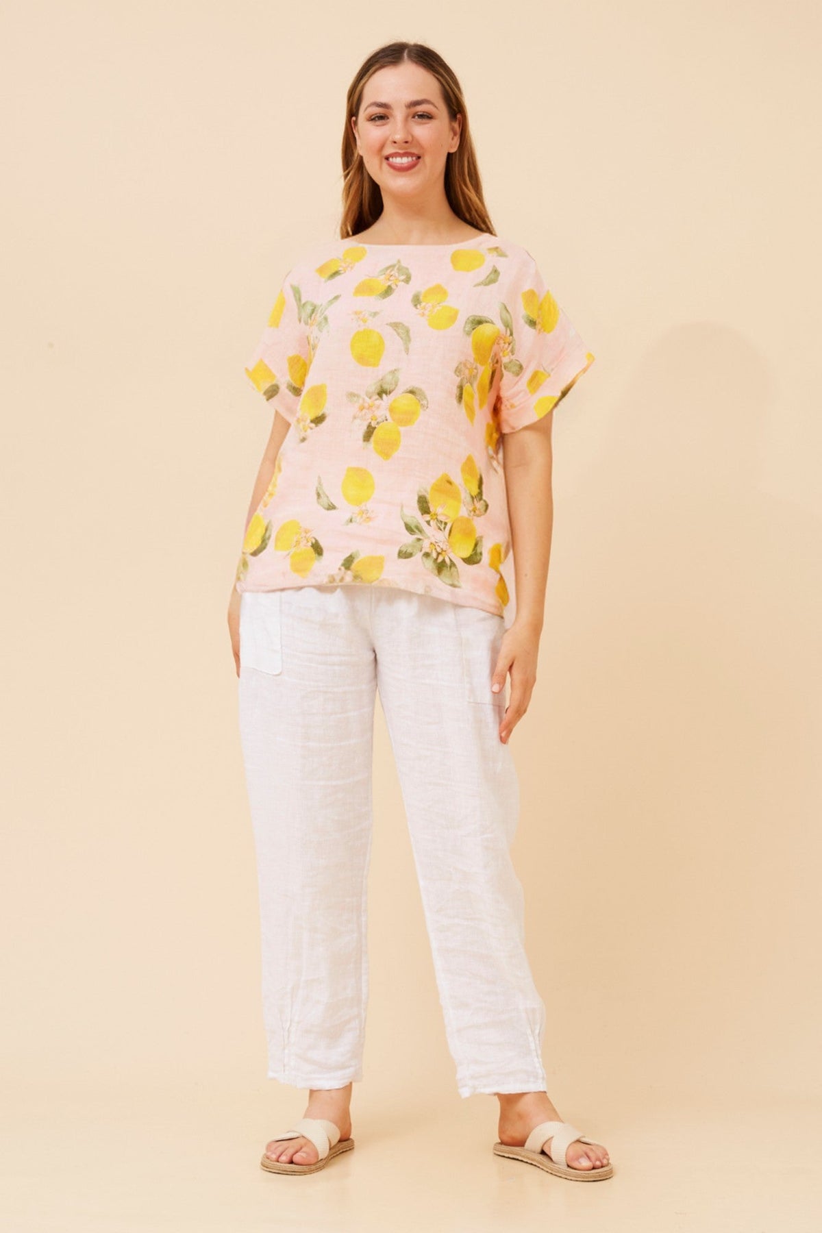 SIGRID LEMON PRINT LINEN TOP (Pink)