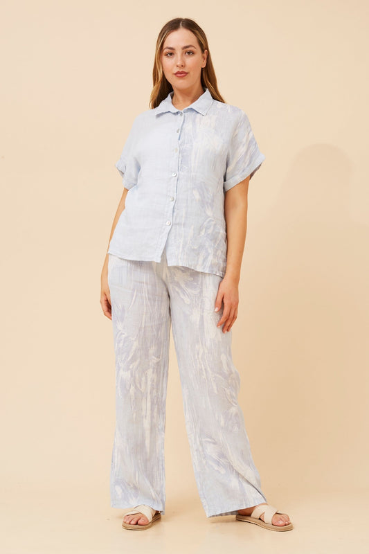 Image of Shirts. Product name - LOREDANA FLORAL LINEN SHIRT in Light Blue colour by brand - BOTTEGA MODA