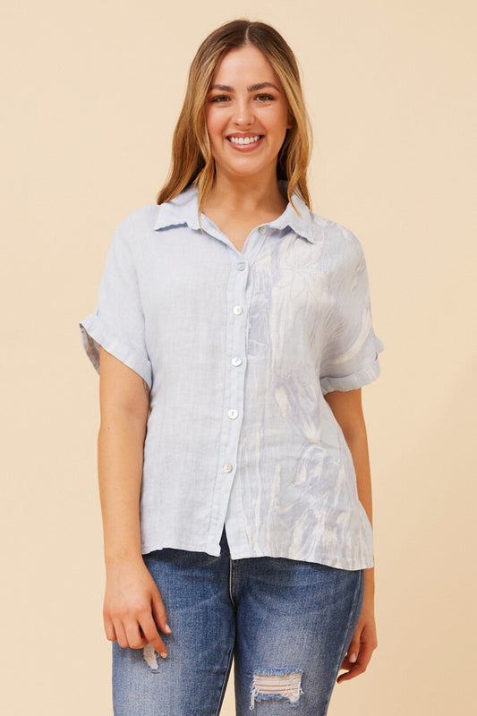 LOREDANA FLORAL LINEN SHIRT (Light Blue)