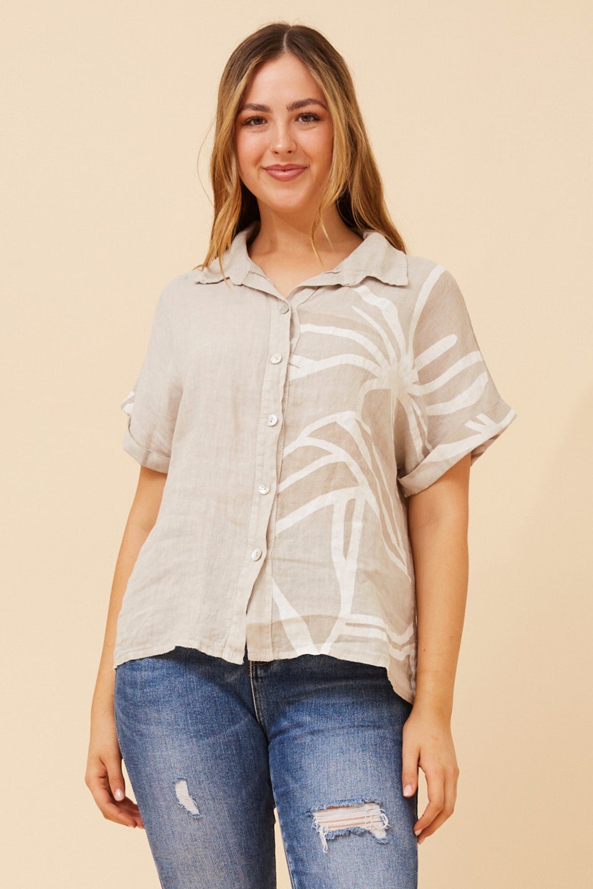 Image of Shirts. Product name - LOREDANA ABSTRACT PRINT LINEN SHIRT in Light Blue colour by brand - BOTTEGA MODA
