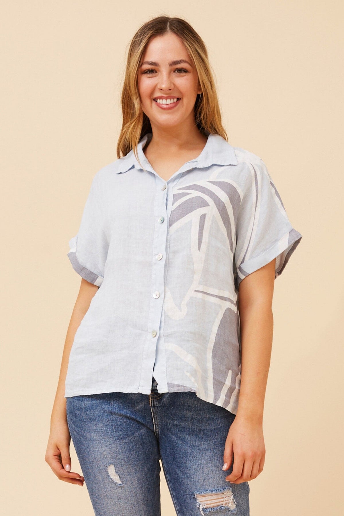 LOREDANA ABSTRACT PRINT LINEN SHIRT (Light Blue)