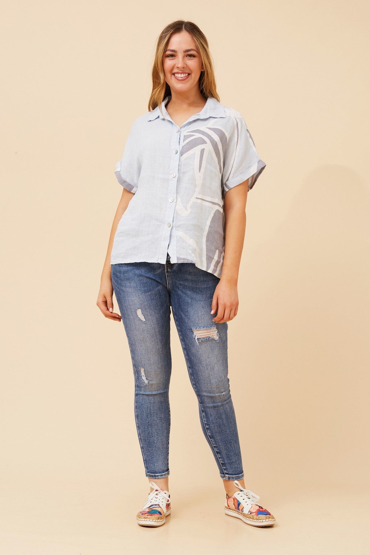 LOREDANA ABSTRACT PRINT LINEN SHIRT (Light Blue)