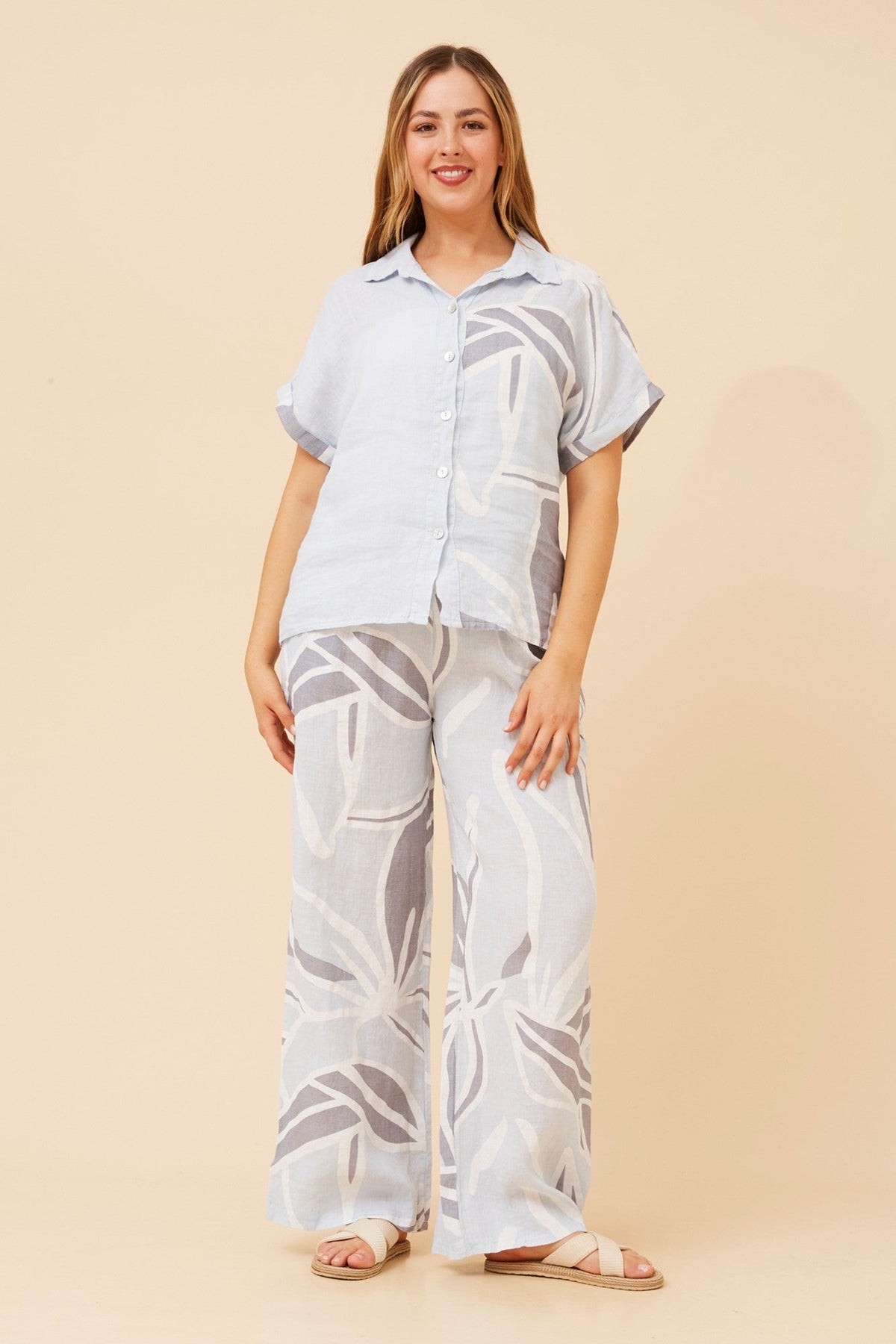 LOREDANA ABSTRACT PRINT LINEN SHIRT (Light Blue)