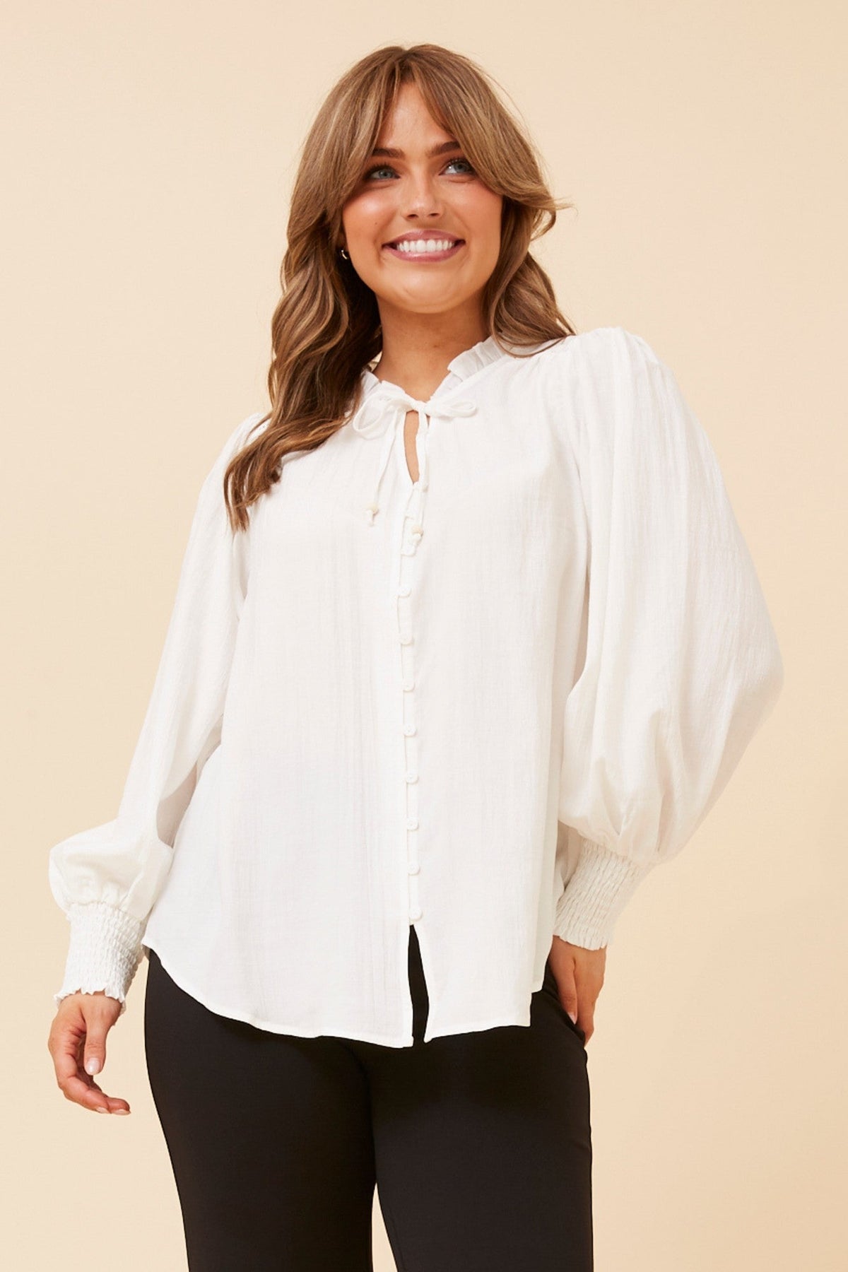 Image of Blouses. Product name - FERRIS SOLID BLOUSE in Winter White colour by brand - Caroline Morgan Australia