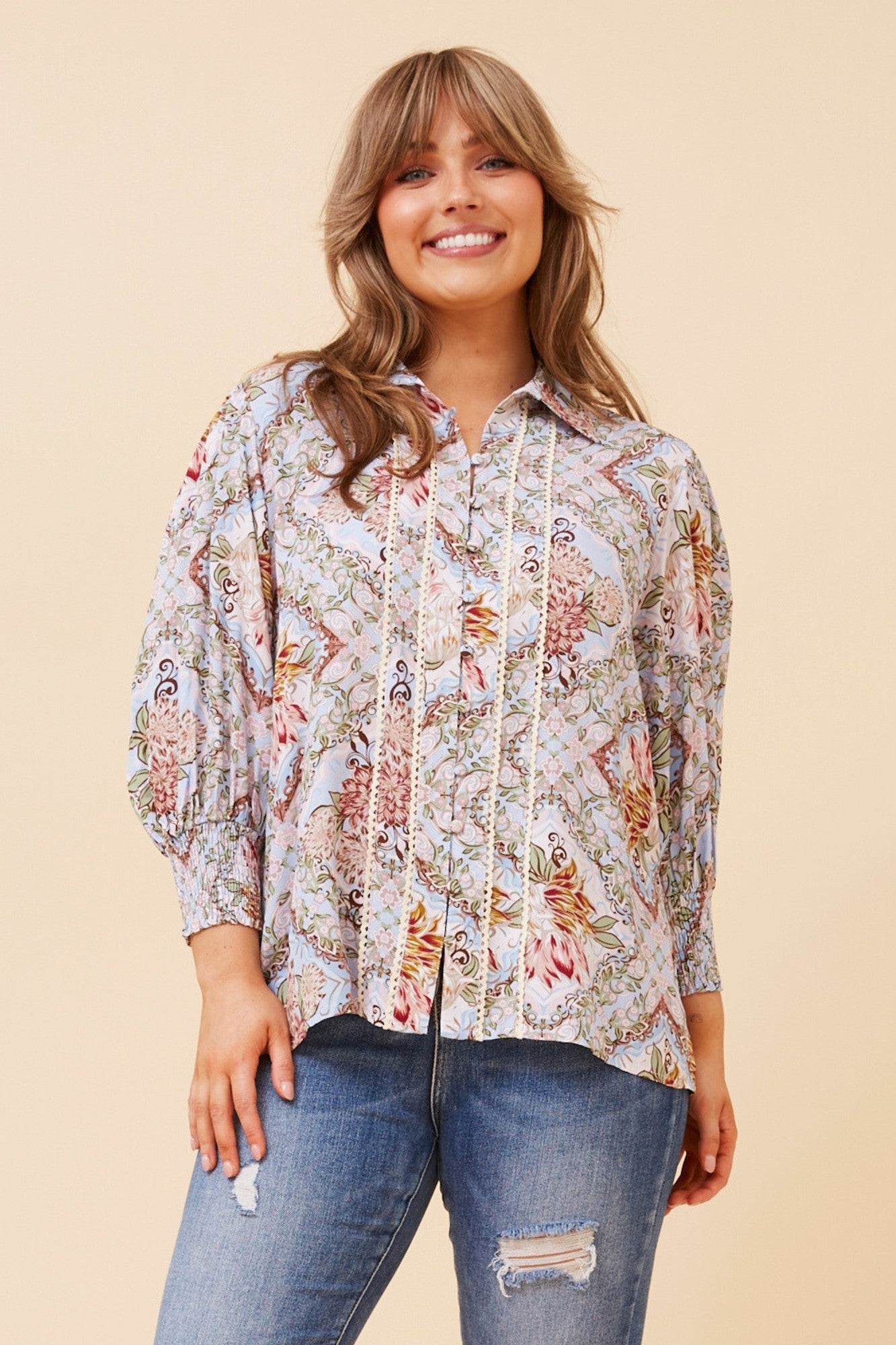 Image of Blouses. Product name - JOELLA LINEN FLORAL BLOUSE in Multi Blue colour by brand - Caroline Morgan Australia
