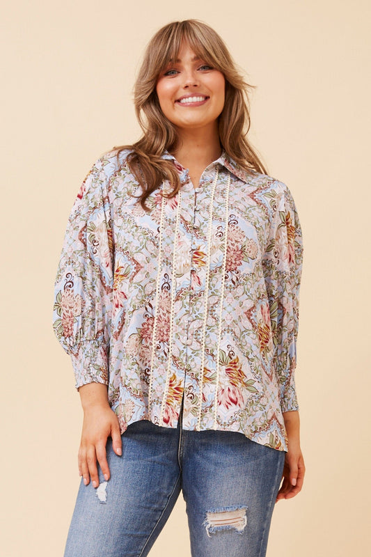 Image of Blouses. Product name - JOELLA LINEN FLORAL BLOUSE in Multi Blue colour by brand - Caroline Morgan Australia
