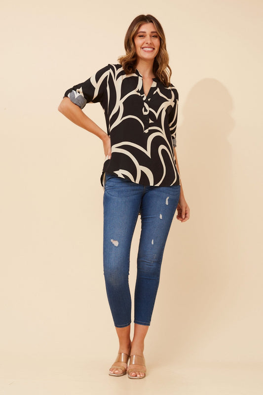 Image of Blouses. Product name - ROMINA ABSTRACT PRINT BLOUSE in Multi Black colour by brand - Caroline Morgan Australia