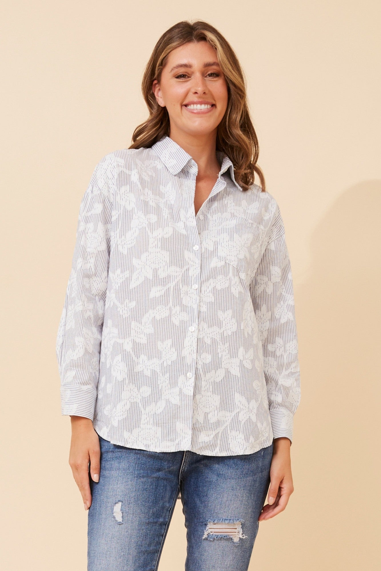 Image of Shirts. Product name - TOPANGA FLORAL SHIRT in Light Blue colour by brand - Caroline Morgan Australia