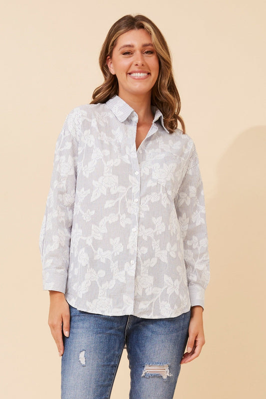 Image of Shirts. Product name - TOPANGA FLORAL SHIRT in Light Blue colour by brand - Caroline Morgan Australia