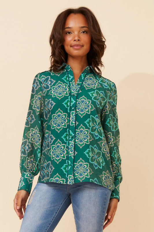 Image of Shirts. Product name - ASILIA TILE PRINT SHIRT in Emerald colour by brand - Caroline Morgan Australia
