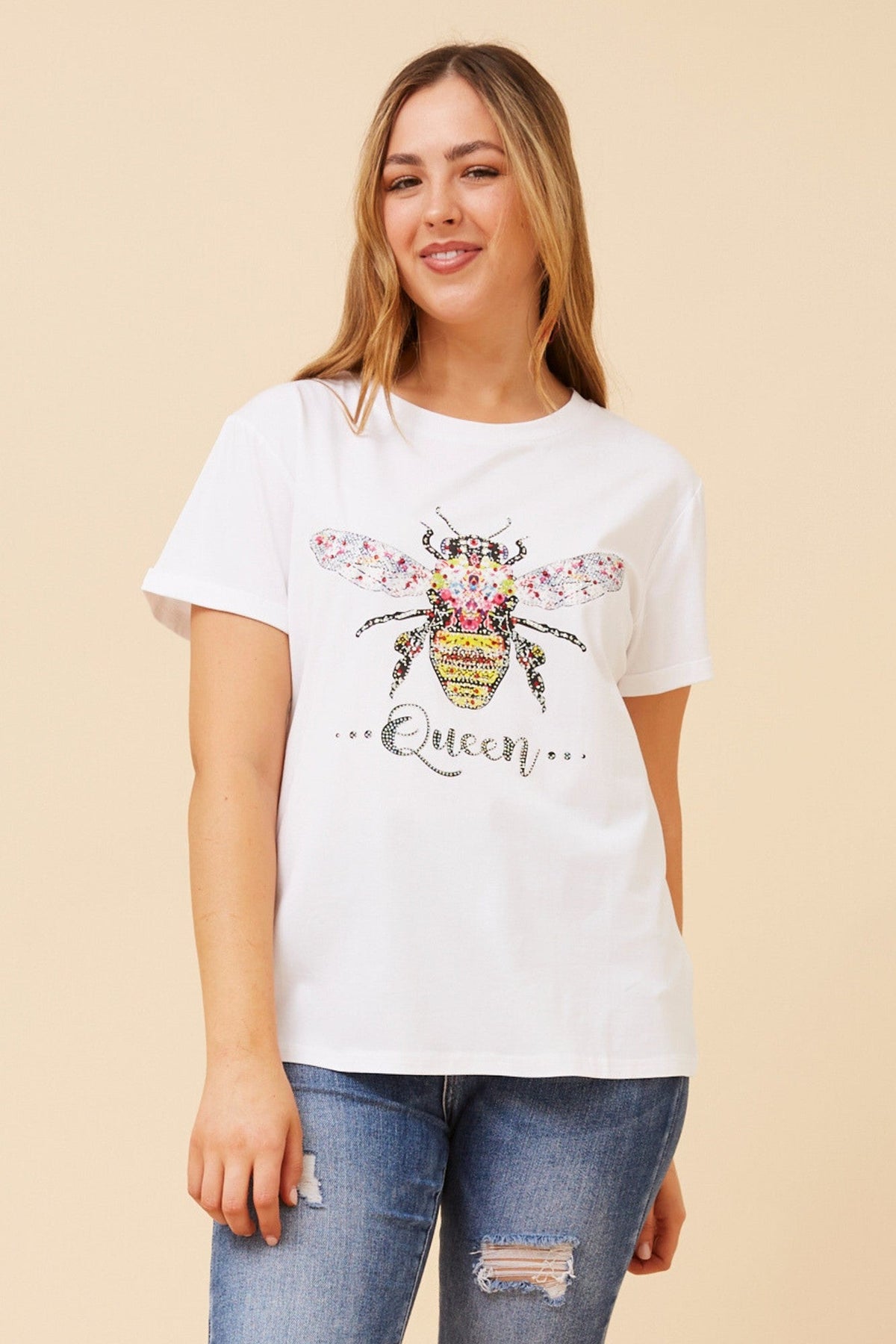 Image of T-Shirts. Product name - LURA QUEEN BEE T-SHIRT in White colour by brand - Caroline Morgan Australia