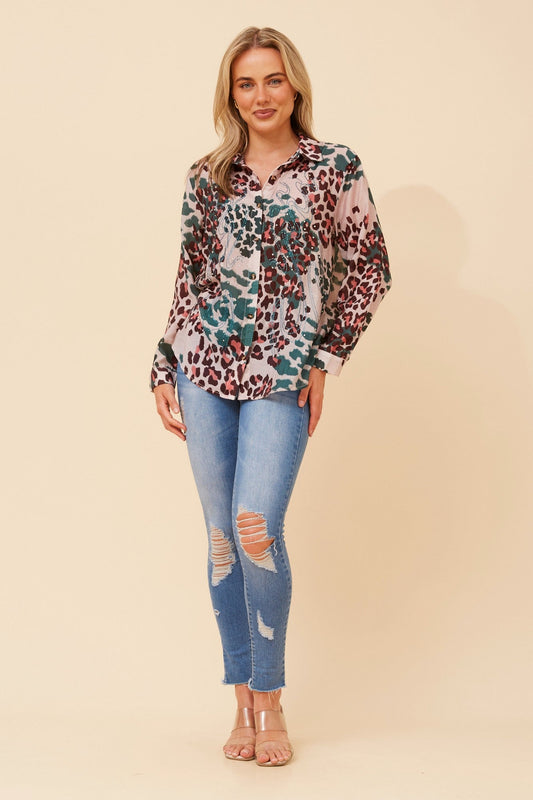 Image of Shirts. Product name - EUNICE ANIMAL PRINT SHIRT in Teal colour by brand - Caroline Morgan Australia
